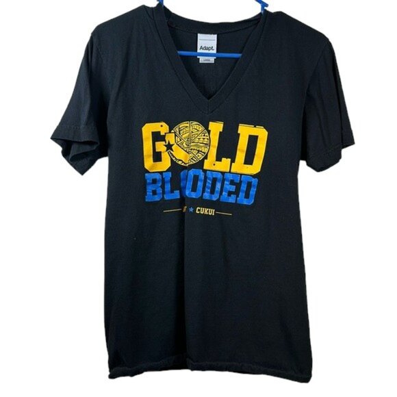 Adapt Clothing X Cukui Gold Blooded V-Neck Black Graphic Shirt Large EUC #1351 - Picture 1 of 7